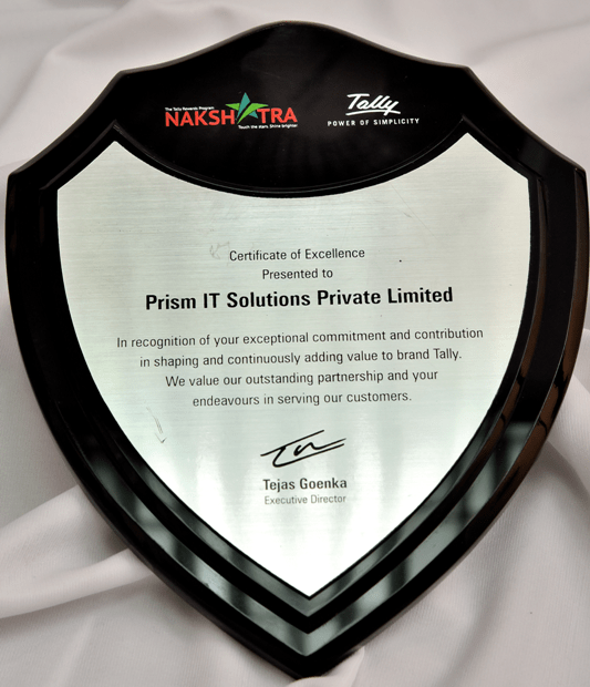 Tally Certificate Of Excellence Presented to Prism IT Solutions Private Limited