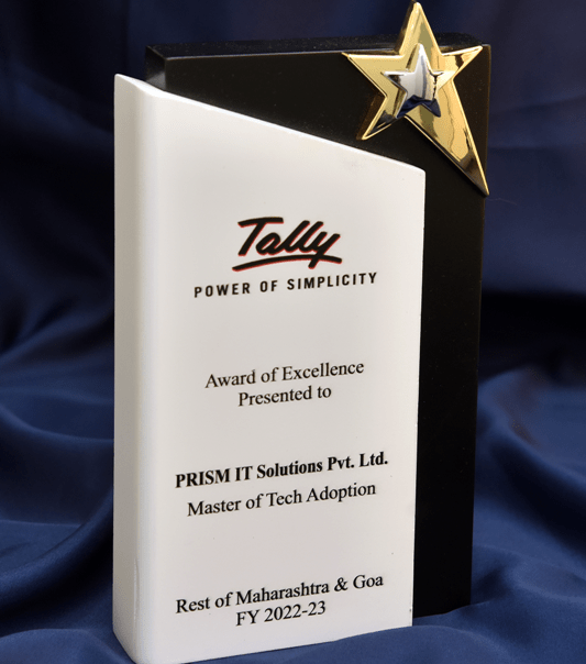 Tally Award Of Excellence Presented To  PRISM IT Solutions Pvt.Ltd Master Of Texh Adoption